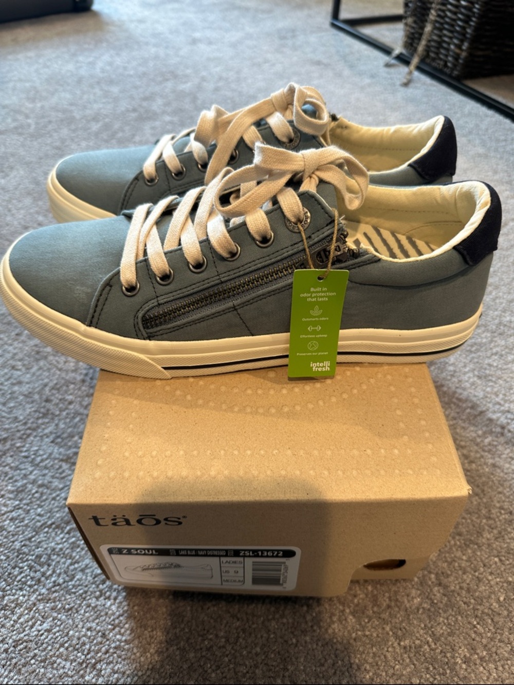 Taos Footwear Dusty Blue Canvas Low-Top Sneakers with Cream Laces - Picture 3 of 7
